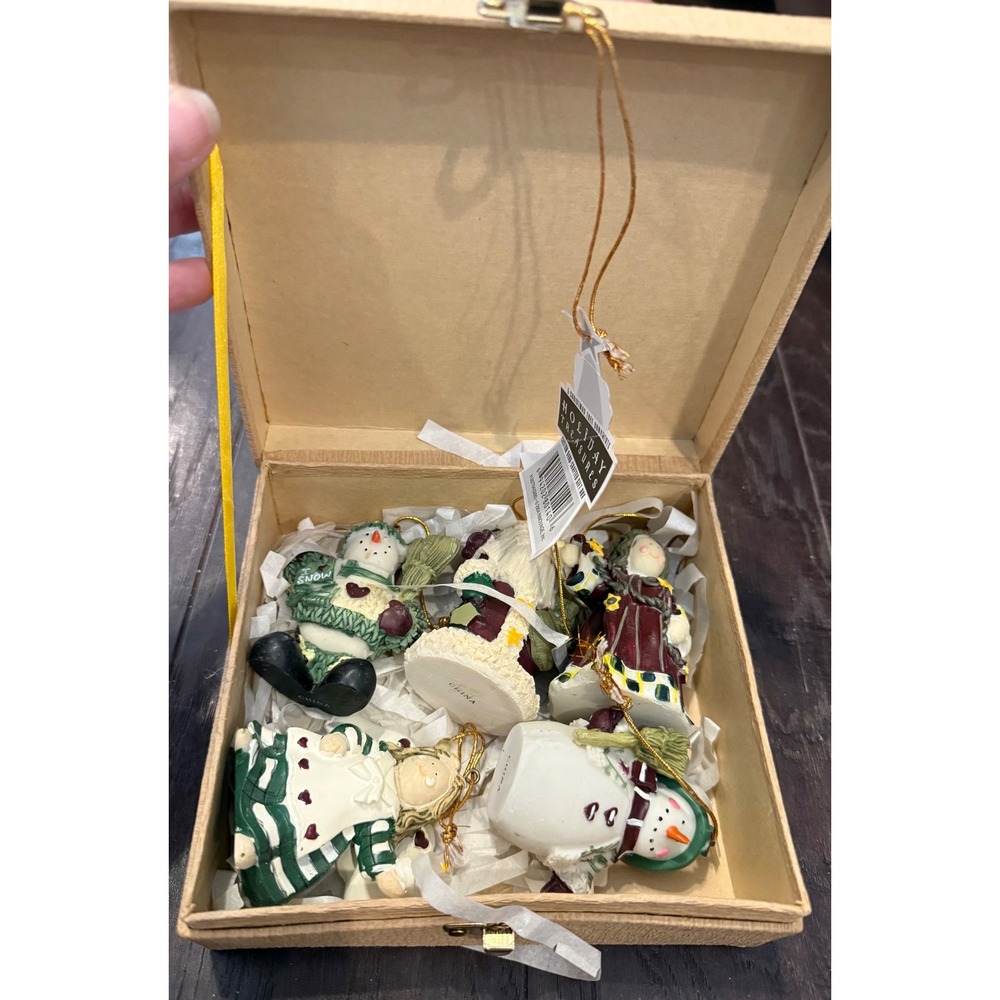 Holiday Treasures Ornament Set Snowman Angel Rustic Resin 5pc With Box Folk Art